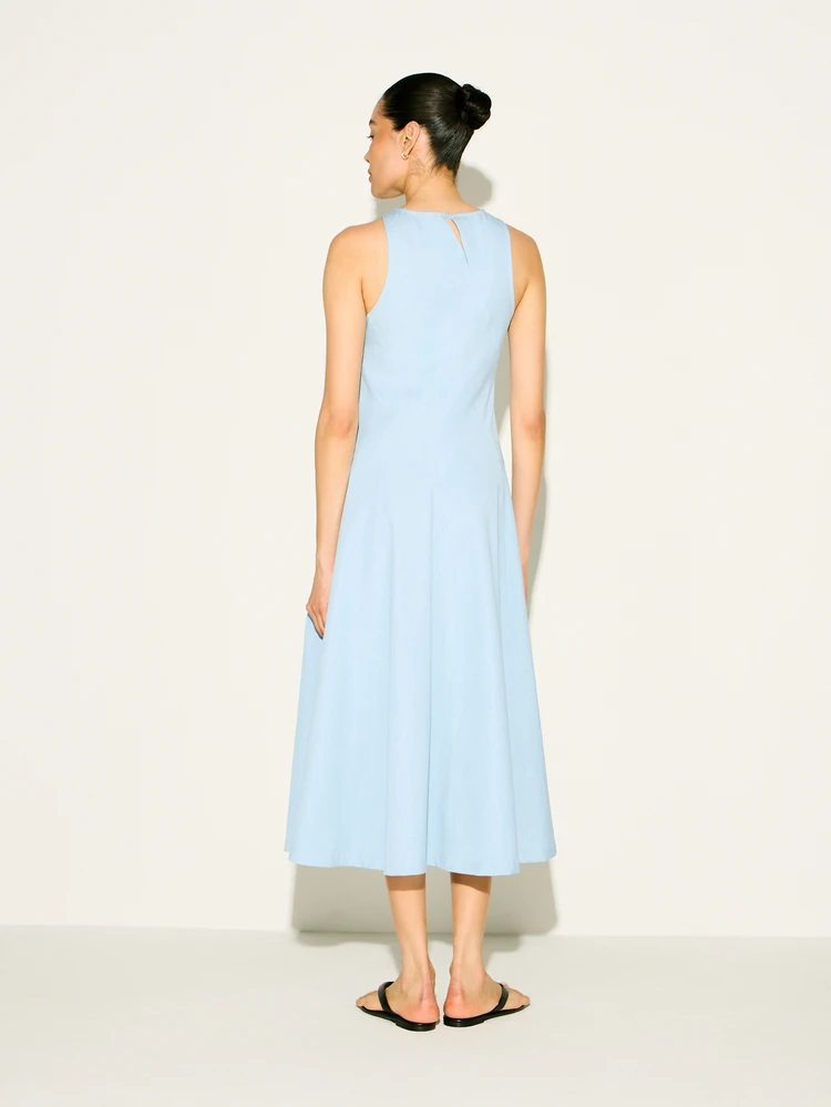 KSTM Women's Light Blue Sleeveless Midi Dress With High Neckline And A-Line Silhouette Perfect For Summer Casual Day Wear