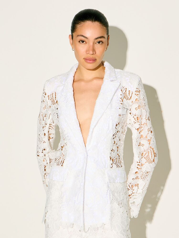 KSTM Blazer de Renda Branca Feminino de Manga Longa, Aberto na Frente, Floral Transparente, Formal, de Escritório, Casamento, Primavera e Verão