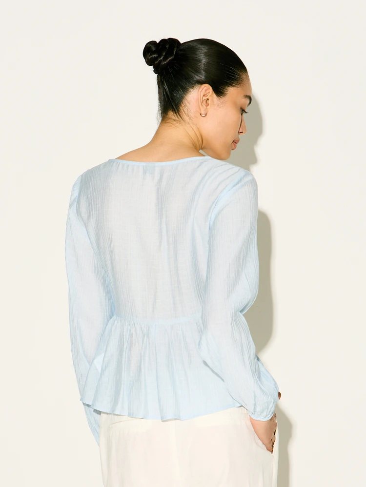 KSTM Light Blue Balloon Sleeve Ruched Peplum V-Neck Blouse With Gathered Waist And Flowing Sleeves For Spring Summer Casual Feminine Style