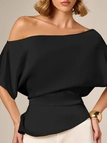 AiiRZ Blusa de satén con un solo hombro, mangas dolman y detalle de abertura lateral para ocasiones de noche - Negro - Ver 5