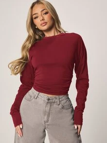 MISSGUIDED Women's Cinched Waist Long Sleeve Top Burgundy Ruched T-Shirt Fall Winter Fashion Casual Fitted Blouse - Burgundy - View 5