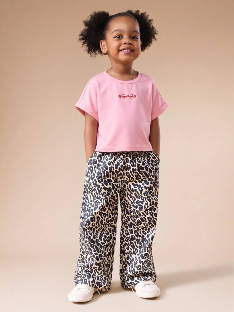 Ensemble coordonné deux pièces imprimé léopard rose pour jeunes filles, top à manches courtes et pantalon large, tenue d'été décontractée