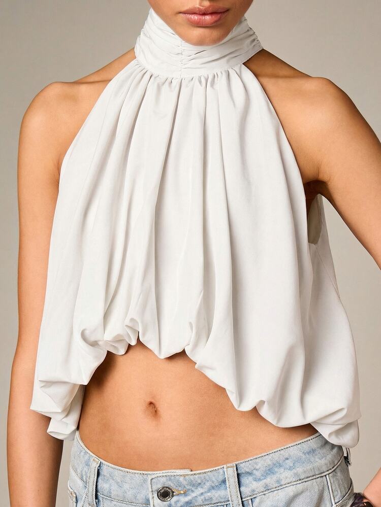 Halter Neck Puffball Top With Tie Detail