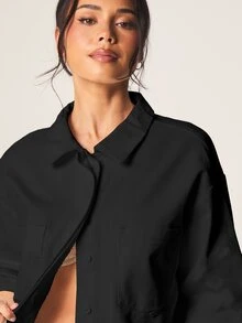MISSGUIDED Women Oversized Cropped Button Up Denim Jacket With Collared Neckline And Short Sleeves For Casual Everyday Wear And Layering - Black - View 5