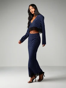 MISSGUIDED 女士海军蓝波点两件套，蕾丝边纽扣前开襟露脐上衣搭配长裙，可作套装穿着 - 藏蓝色 - 查看 5