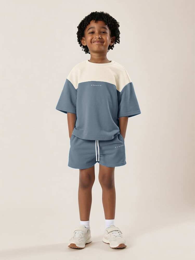 Boys Colorblock T-Shirt And Shorts Co-Ord Set With Contrast Paneling Crew Neck Short Sleeves Summer Casual Outfit