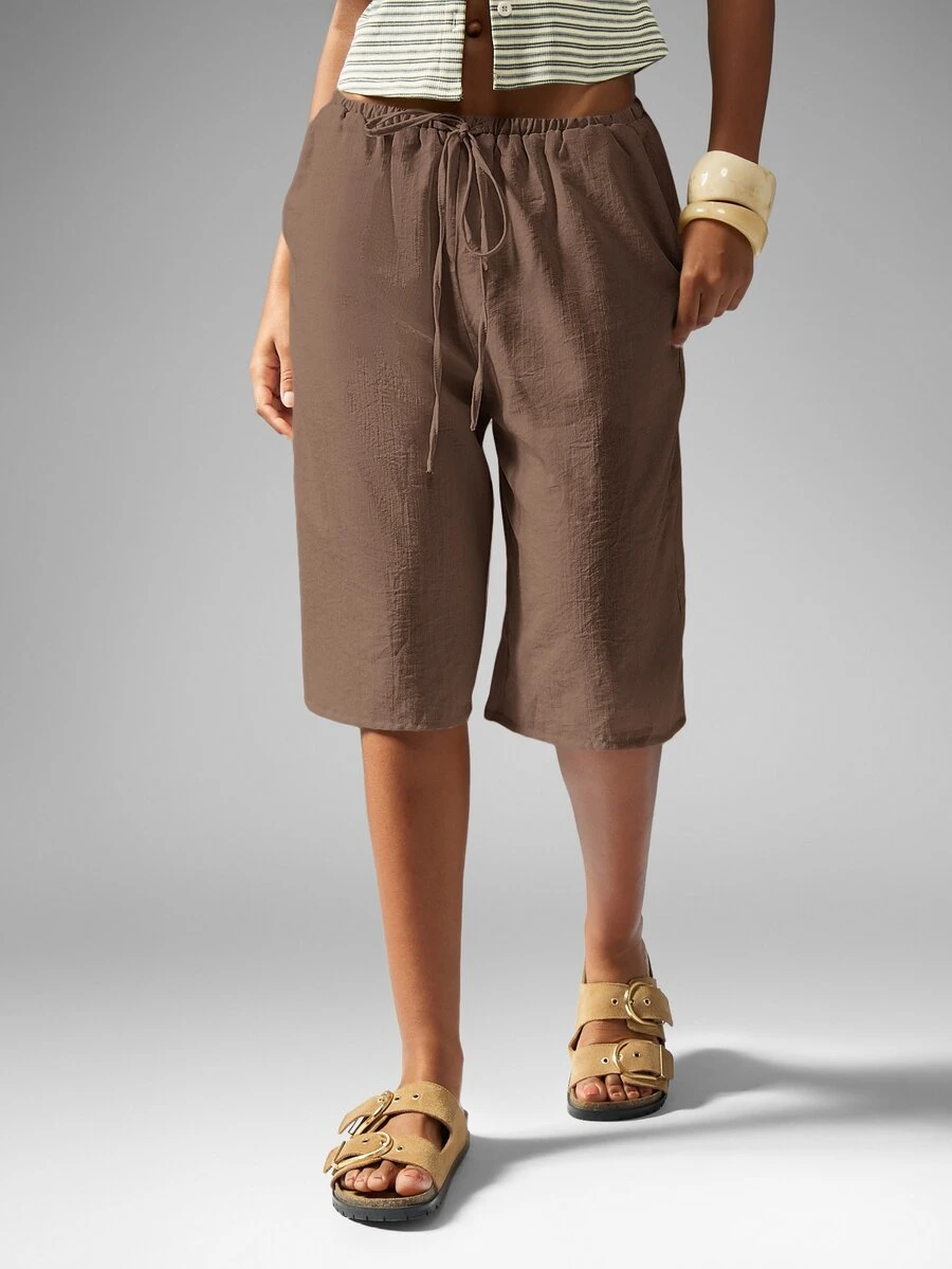 MISSGUIDED Women Pull On Linen Feel Look Drawstring Long Bermuda Shorts With Elastic Waist And Side Pockets Summer Casual Relaxed Fit - Brown - View 1