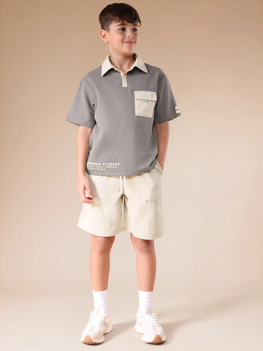 SUMWON 男童撞色 Polo 衫和工装短裤套装，撞色领口胸袋，夏季休闲装 - 灰色 - 查看 1