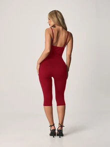 MISSGUIDED Jumpsuit Bodycon Panjang Capri Model Bustier Leher V Dalam untuk Wanita dengan Tali Tipis - Burgundy - View 2