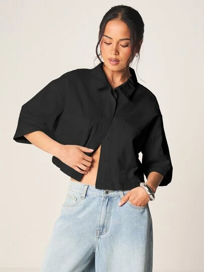 MISSGUIDED Damen oversized Denim Jacke mit Knöpfen, kurzen Ärmeln und Kragen für den Lässig Alltag und zum Layering