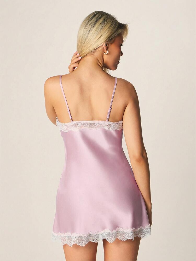 MISSGUIDED Silky Satin Baby Doll Sleep Dress With Delicate Lace Trim V Neck Nightgown Sleepwear Lingerie