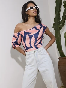 Dancing Leopard Multicolour Printed Drape Shoulder Top, Summer Outfits For Women, Holiday Top, Night Out Top, Date Night Top, Vacation Outfits Women, Festival Top - Multicolor - View 4