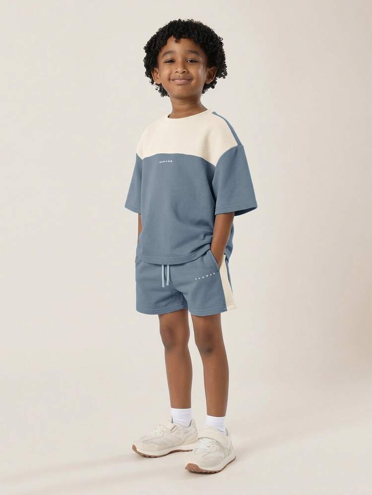 Boys Colorblock T-Shirt And Shorts Co-Ord Set With Contrast Paneling Crew Neck Short Sleeves Summer Casual Outfit