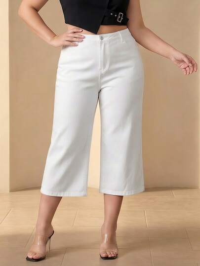  ELLERISSA Pantalones culotte de pierna ancha para mujer de talla grande, pantalones cortos de aspecto de mezclilla blanca con cintura elástica, botón y bolsillos, pantalones casuales cómodos de primavera y verano para uso diario, pantalones de talla grande para mujer, culotte de pierna ancha con cintura elástica