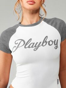 Missguided x Playboy Logo露脐上衣和喇叭裤两件套搭配，罗纹休闲家居服 - 灰色 - 查看 5