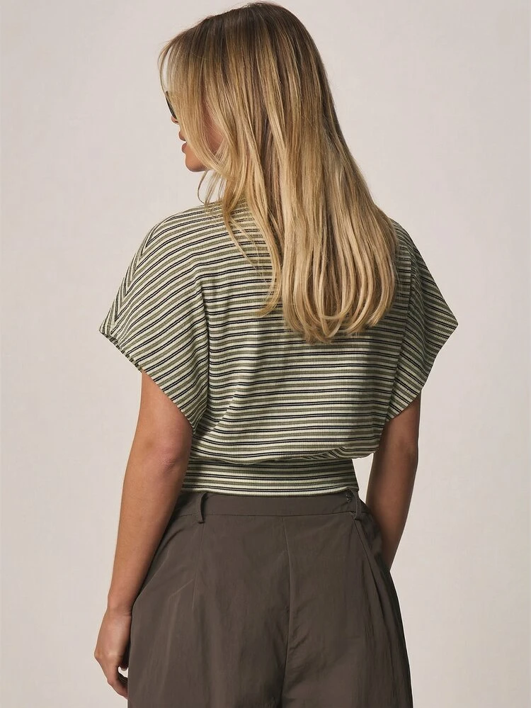 MISSGUIDED Women Striped Short Sleeve Cinched Waist Top Casual Ribbed Tee Shirt Summer Fashion Blouse