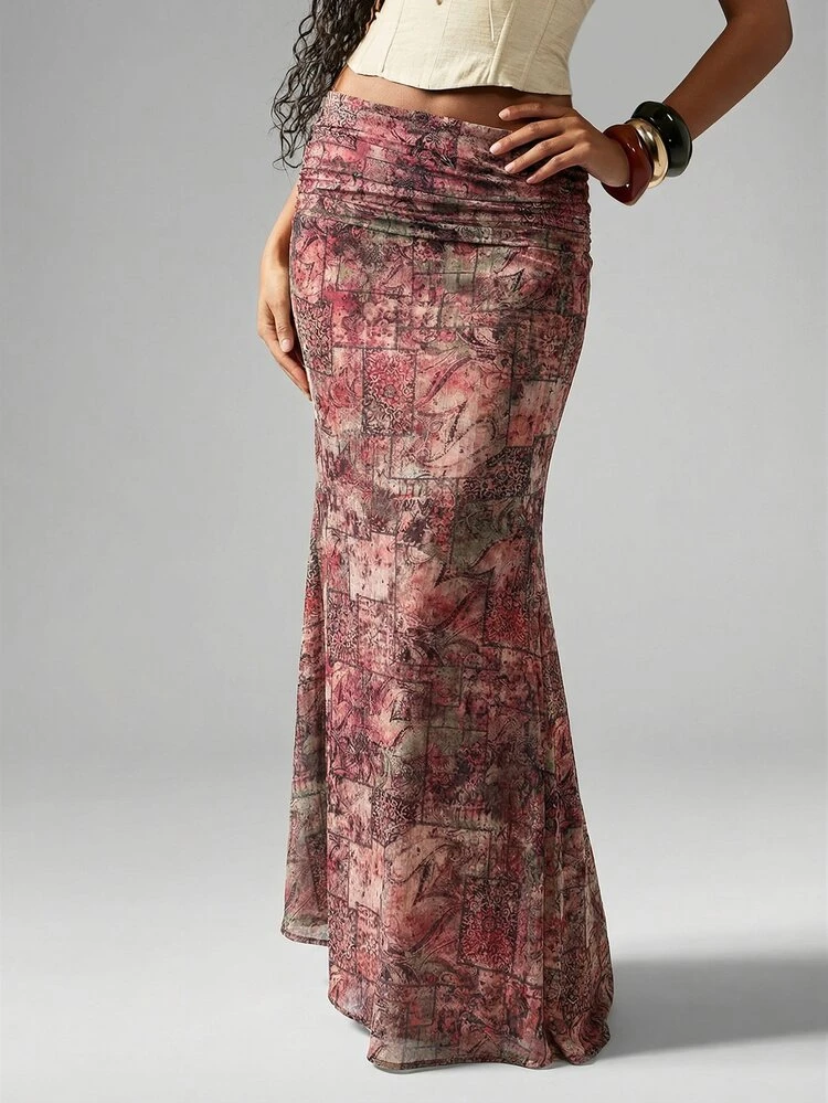 MISSGUIDED Women's Chiffon Paisley Print Ruched Waistband Maxi Skirt Floor Length Flowy Bohemian Festival Vintage Inspired Elegant Long Skirt