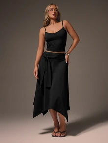 MISSGUIDED Asymmetric Tie Waist Midi Skirt With Handkerchief Hem And Side Tie Detail For Women - Black - View 2