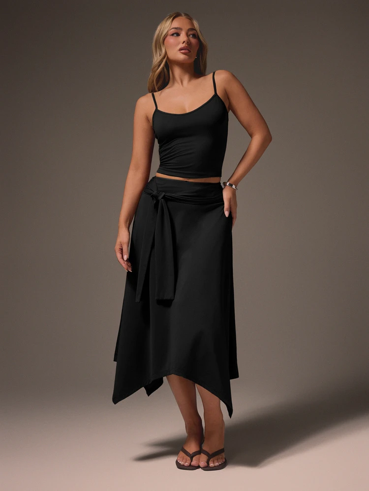 MISSGUIDED Asymmetric Tie Waist Midi Skirt With Handkerchief Hem And Side Tie Detail For Women