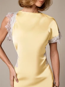 AiiRZ Đầm ngắn tay ngắn dáng bất đối xứng, màu tím oải hương thanh lịch với chi tiết ren, thích hợp cho các buổi tiệc cocktail và buổi tối. - Màu vàng ngỗng - Xem 5