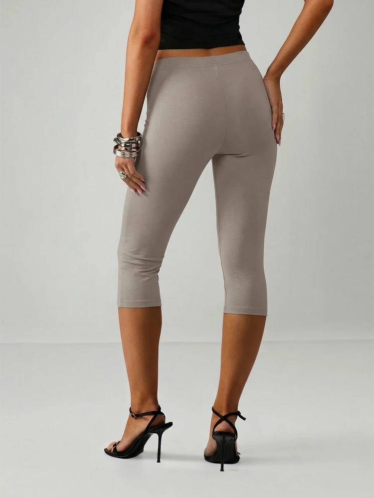 MISSGUIDED Taupe Grey Capri Leggings With Gold Hardware Ring Detail High Waisted Cropped Pants For Women Summer Fall Fashion