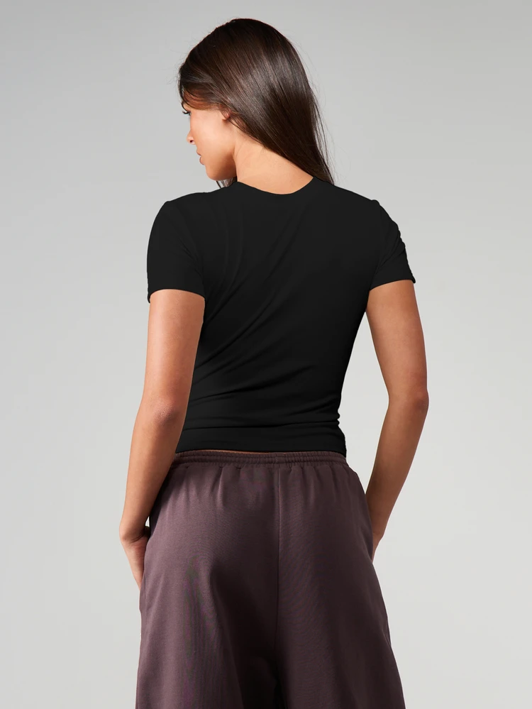 MISSGUIDED 여성용 골지 핏 블랙 티셔츠 반팔 크루넥 캐주얼 상의