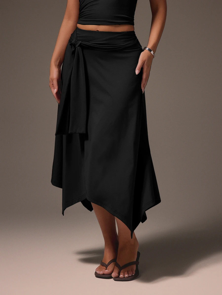 MISSGUIDED Asymmetric Tie Waist Midi Skirt With Handkerchief Hem And Side Tie Detail For Women - Black - View 1