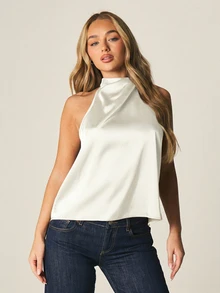 MISSGUIDED Áo kiểu satin cổ yếm không tay dành cho nữ, thanh lịch, thích hợp cho các buổi tiệc mùa hè, đi chơi đêm, trang phục dự tiệc sang trọng. - Màu be - Xem 4