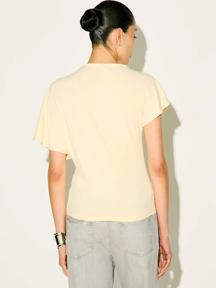 KSTM Women's Asymmetrical Short Sleeve T-Shirt With Pleat Detail Cream Casual Top Spring Summer Everyday Essential