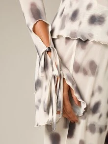 Women's Ruffled Deep V Neck Tie Front Blouse Long Sleeve Casual Flowy Top Fall Winter Printed Feminine Style - Black and White - View 4