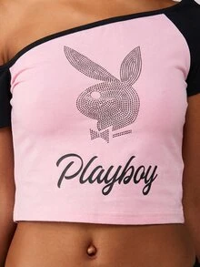 Missguided x Playboy 不对称露肩水钻图案T恤 单袖短款上衣 Y2K风格街头服饰 - 粉色 - 查看 5