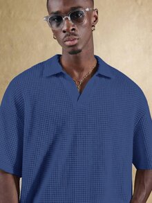 SUMWON Men's Crop Fit Short Sleeve Resort Polo Shirt In Blue Open Knit Casual Summer Relaxed Collar Vacation Beach - Navy Blue - View 3