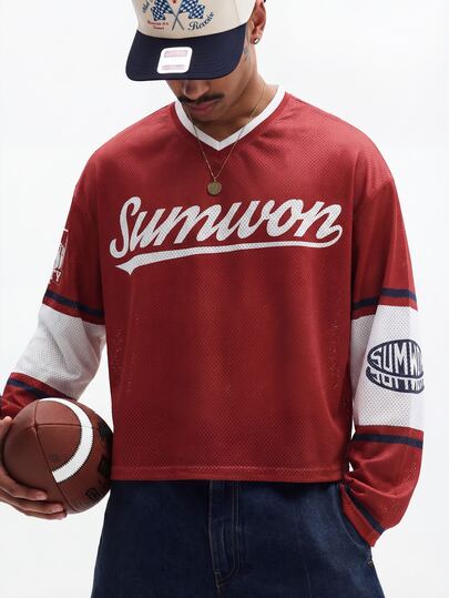 SUMWON Maillot de baseball à manches longues et col en V pour hommes avec imprimé script et manches color block