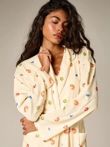 AiiRZ Jubah Wanita Lengan Panjang Berkerah Motif Buah dengan Ikat Pinggang, Pakaian Santai Kasual Gaya Kimono - Kuning - View 5
