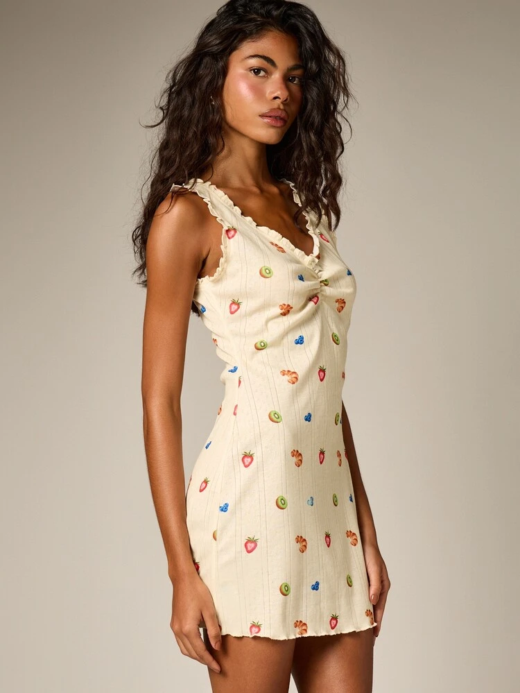 Fruit Print Sleeveless Mini Dress With Twist Detail