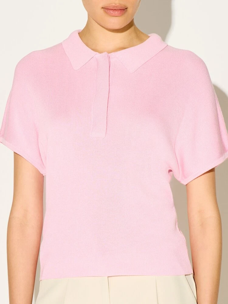 KSTM Women's Pink Ribbed Knit Polo Shirt Short Sleeve Collared Summer Top Button Front Casual Spring Lightweight Fitted Blouse