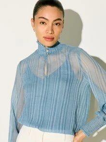 KSTM Women's Light Blue Ribbed Mock Neck Blouse With Keyhole Detail And Smocked Cuffs For Spring Summer - Blue - View 4