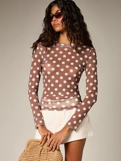 AiiRZ Áo thun dài tay ôm sát màu nâu trắng chấm bi, cổ tròn, kiểu dáng thường ngày, thích hợp cho mùa thu đông.