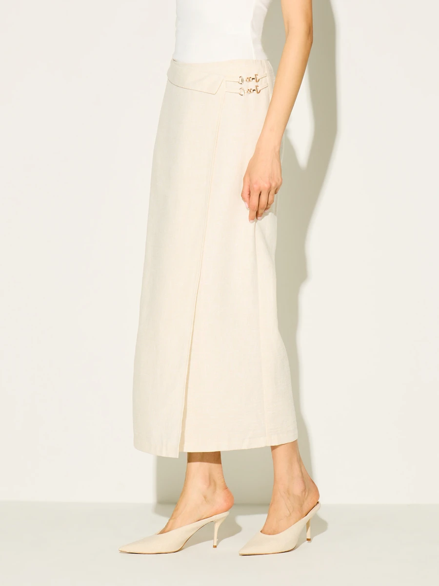 Falda larga de talle alto con cierre cruzado delantero, doble hebilla lateral y abertura lateral, estilo A-line, elegante para oficina y trabajo, para otoño e invierno - Albaricoque - Ver 1