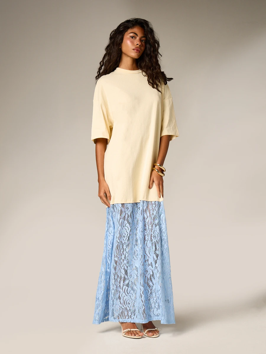 AiiRZ Women's Cream Oversized Maxi Tee Dress With Light Blue Lace Paneled  Skirt Casual Summer Layered Dress Party Wedding GuestMISSGUIDED
