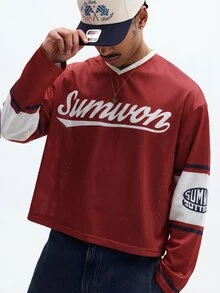 SUMWON Men's Long Sleeve V-Neck Baseball Jersey With Script Print And Color Block Sleeves - Red - View 5
