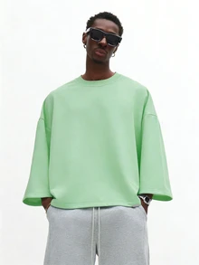 SUMWON Men's Oversized Mint Green Sweatshirt With Drop Shoulder Long Sleeves Crewneck Pullover Relaxed Fit Casual Streetwear Spring - Green - View 6