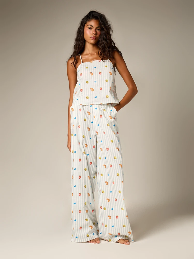 Fruit Print Striped Cami And Wide Leg Pants Set
