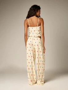 AiiRZ Bộ đồ ngủ nữ in họa tiết trái cây kiểu Pointelle gồm áo hai dây và quần ống rộng, đồ mặc nhà mùa hè. - Màu vàng - Xem 3