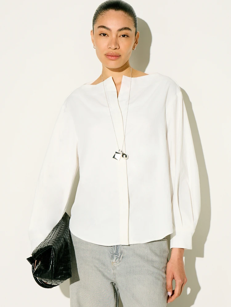 KSTM Women's White Structured Cocoon Blouse With Notch Neck Long Sleeves And Relaxed Oversized Fit For Spring Summer Casual Office