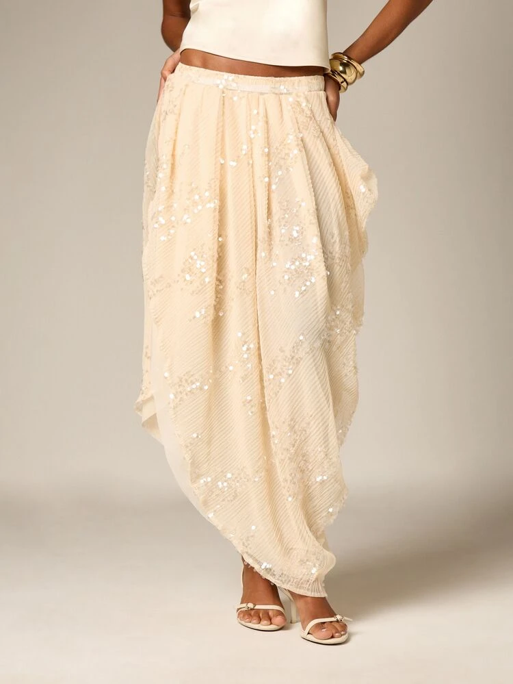 Sequin Drape Skirt With Asymmetric Hem
