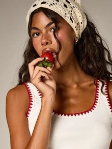 Women White Ribbed Tank Top With Contrast Red Stitching Detail Scoop Neck Sleeveless Summer Casual Vest - White - View 5