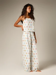 AiiRZ Bộ đồ ngủ nữ in họa tiết trái cây kẻ sọc gồm áo hai dây và quần ống rộng, đồ mặc nhà mùa hè. - trắng - Xem 5