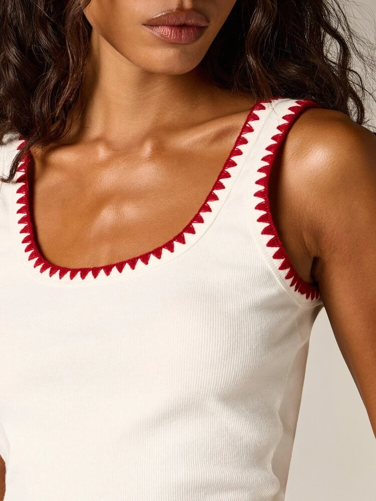 White Ribbed Tank With Red Trim