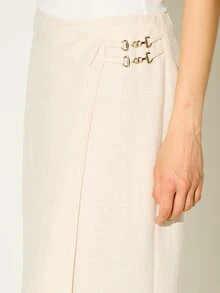 Falda larga de talle alto con cierre cruzado delantero, doble hebilla lateral y abertura lateral, estilo A-line, elegante para oficina y trabajo, para otoño e invierno - Albaricoque - Ver 4